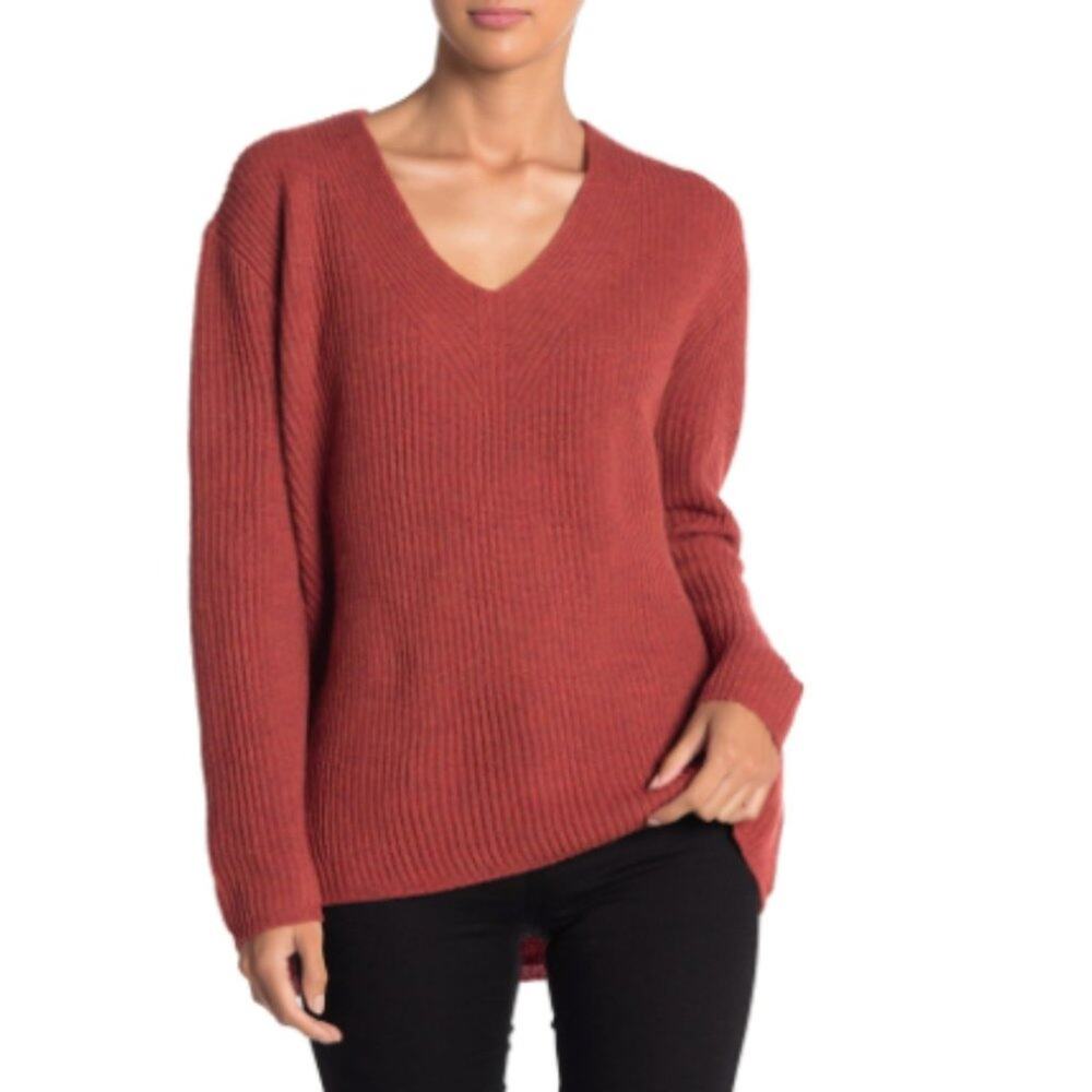 Madewell Woodside V-Neck Wool Sweater in Heather Rust